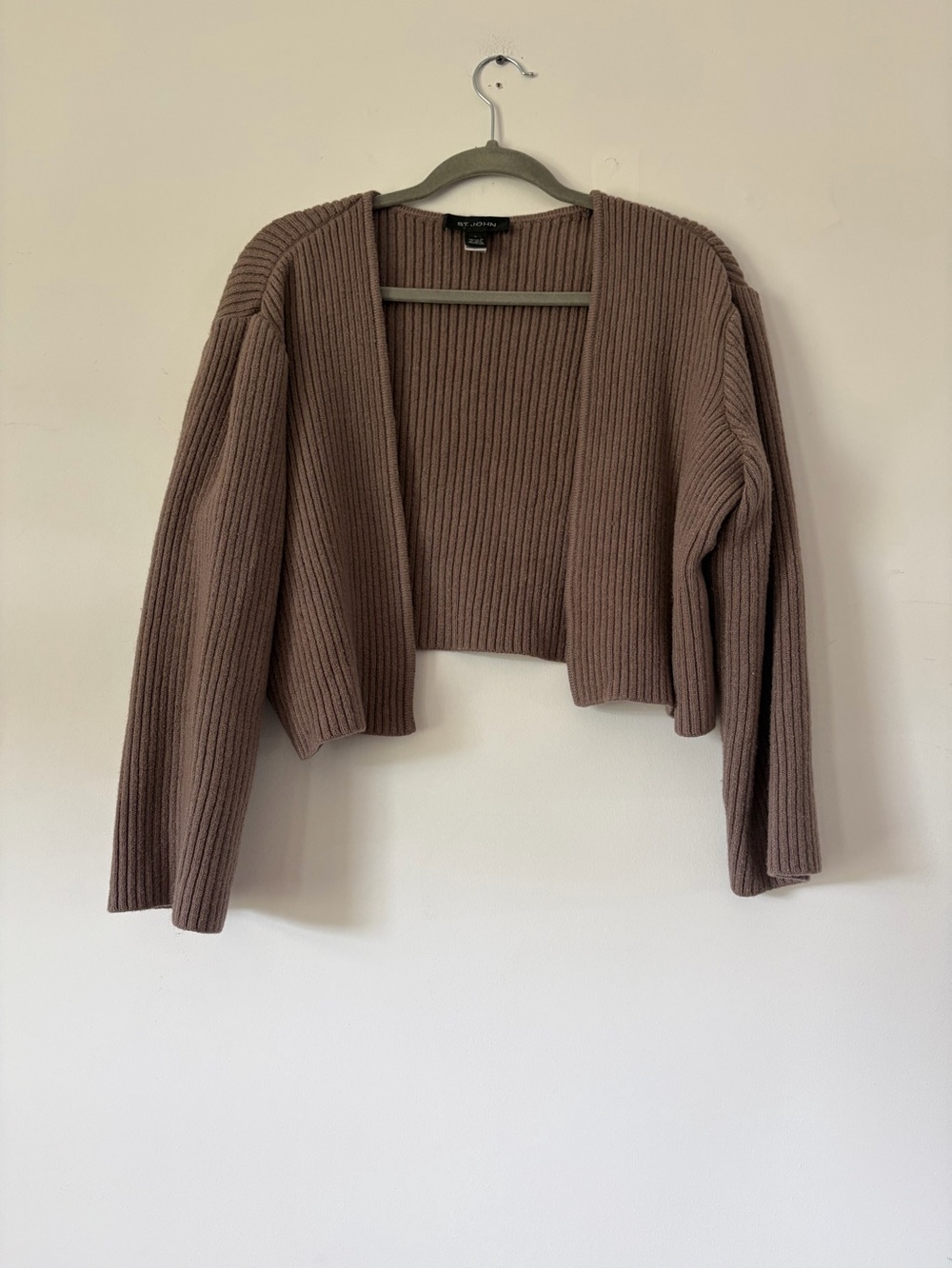 St. John chunky ribbed knit open cardigan wool blend size L cropped quiet luxury